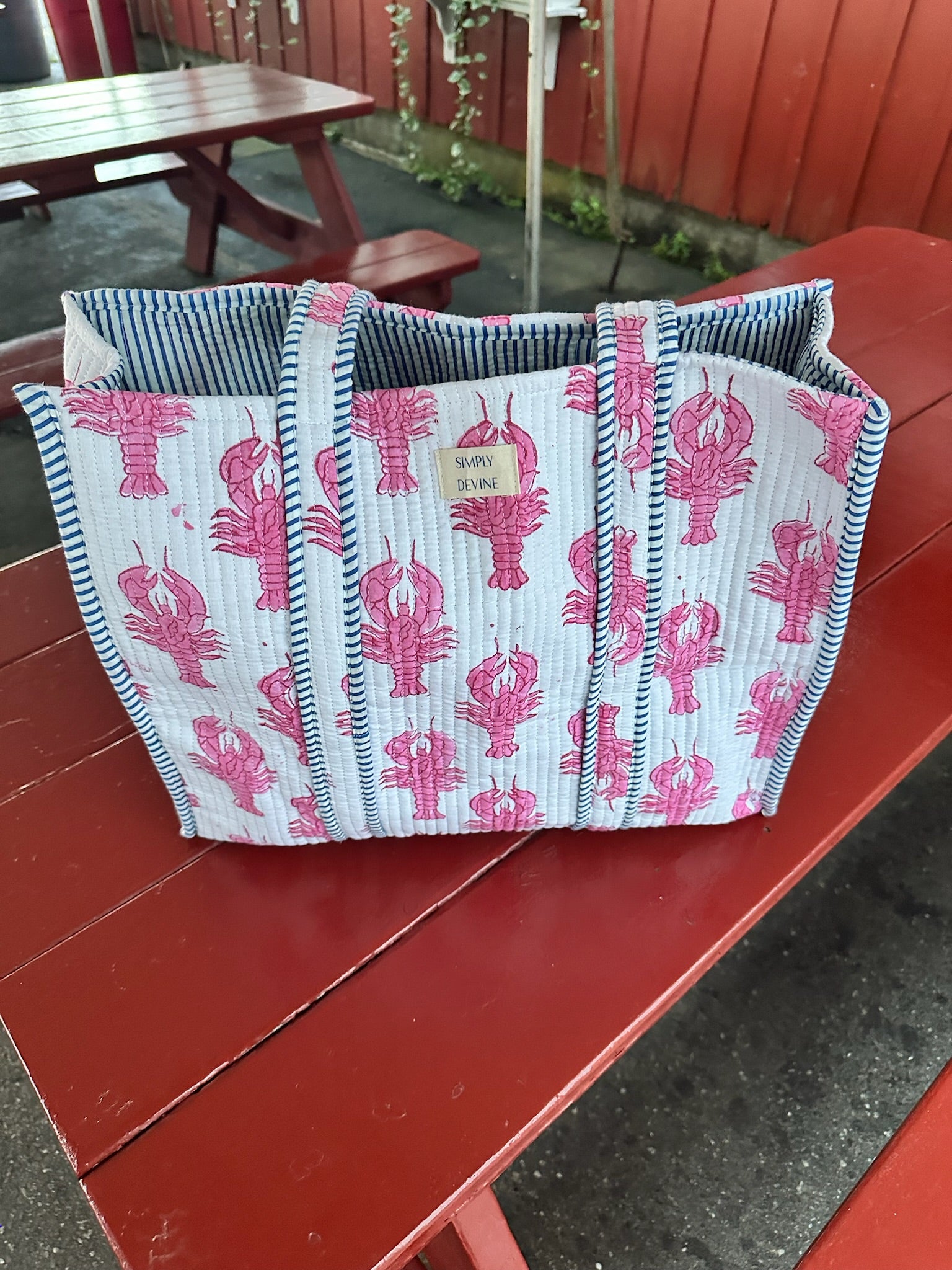 Harpswell block print tote, close-up of quilted stitching